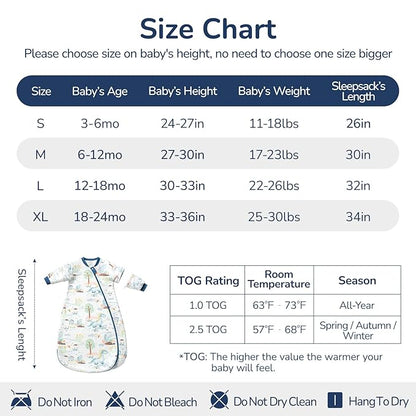 Baby Sleep Sack 18-24 Months, Cotton Detachable Long Sleeve Sleep Sack, 1.0 Tog Toddler Sleeping Sack with Temperature Strips, 2-Way Zipper Wearable Blankets for Newborns, Dinosaur