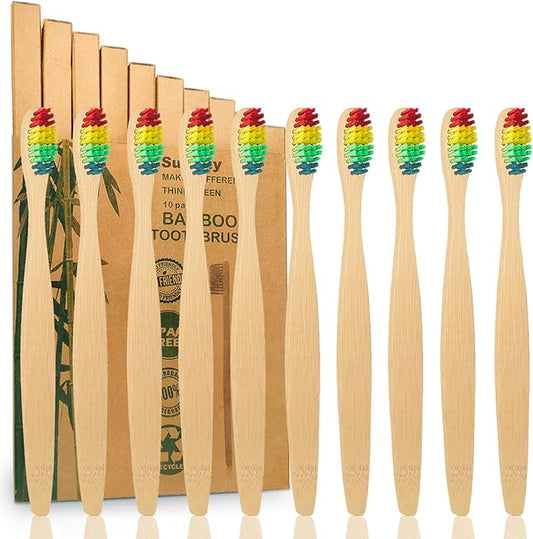 10 Pack Rainbow Bamboo Toothbrushes | Biodegradable & Compostable Eco-Friendly Natural Bamboo Charcoal Toothbrushes | BPA Free Soft Bristles Wooden Toothbrush - 100% RECYCLED PACKAGING (Rainbow)