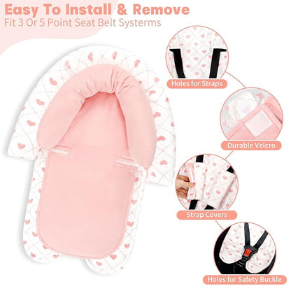 Infant Car Seat Insert, HNHUAMING Baby Car Seat Head & Body Support with 2 Strap Pads, Ultra Soft Newborn Preemie Carseat Insert Cushion for Girls Boys, Fits Car Seat, Stroller, Swing, Bouncer, Pink