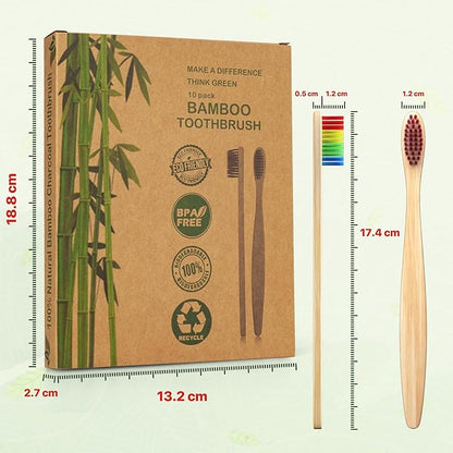 10 Pack Rainbow Bamboo Toothbrushes | Biodegradable & Compostable Eco-Friendly Natural Bamboo Charcoal Toothbrushes | BPA Free Soft Bristles Wooden Toothbrush - 100% RECYCLED PACKAGING (Rainbow)