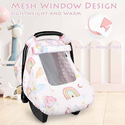 Baby Carseat Cover Girls, Pea Pod Unicorn Infant Car Seat Covers Canopy for Newborn with 2 Layers Windows of Breathable Mesh/Fabric, Lightweight Polyester/Minky Dot Backing, Snug Fit