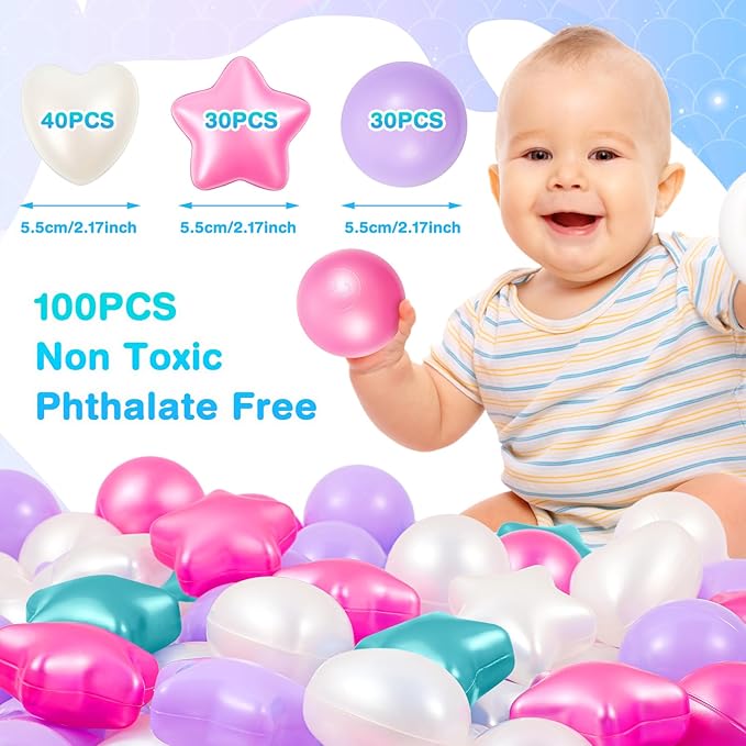 100 Pieces Ball Pit Balls for Kids Star Heart Shape Plastic Balls for Toddler Playpen 2.17'' Play Toy Ball for Inflatable Pool Friendship Bracelet Birthday Banner T-Swift-Themed Party