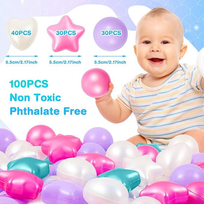 100 Pieces Ball Pit Balls for Kids Star Heart Shape Plastic Balls for Toddler Playpen 2.17'' Play Toy Ball for Inflatable Pool Friendship Bracelet Birthday Banner T-Swift-Themed Party