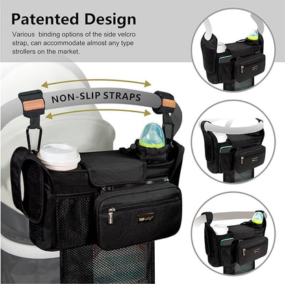 TOPDesign Universal Baby Stroller Organizer, Stroller Caddy with Detachable Mesh Bag & Heightened Insulated Cup Holders & Non-Slip Secure Hooks Accessories, Fits Most Strollers (Love)