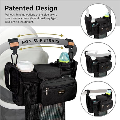TOPDesign Universal Baby Stroller Organizer, Stroller Caddy with Detachable Mesh Bag & Heightened Insulated Cup Holders & Non-Slip Secure Hooks Accessories, Fits Most Strollers (Colorful Butterfly)