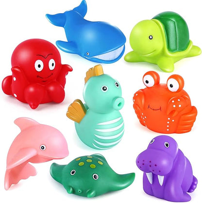 LotFancy Bath Toy, 8PCS Mold Free Bath Toys for Kids Ages 1-3, No Holes Baby Bath Toys for Toddlers 2-4, Ocean Sea Animal Bathtub Toys, Soft Floating Pool Water Table Toys