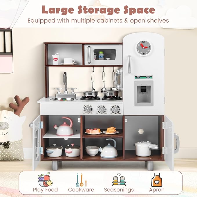 KOTEK Play Kitchen Set for Kids, Wooden Toddler Kitchen Playset with Water Dispenser w/Lights Sounds, Stove, Oven, Fridge, Microwave & Sink, Gift Chef Pretend Play Toy for Girls Boys (Walnut+White)