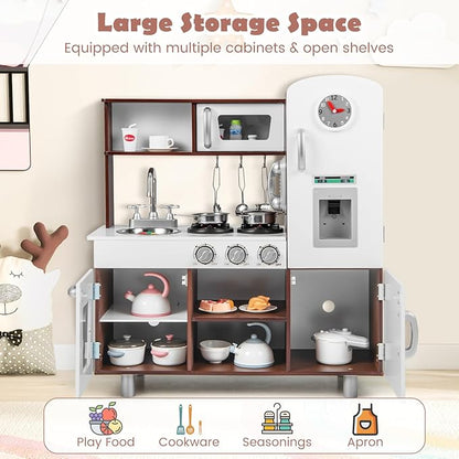 KOTEK Play Kitchen Set for Kids, Wooden Toddler Kitchen Playset with Water Dispenser w/Lights Sounds, Stove, Oven, Fridge, Microwave & Sink, Gift Chef Pretend Play Toy for Girls Boys (Walnut+White)