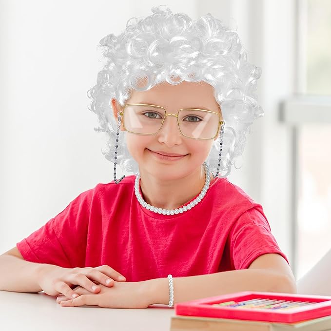 100 Days of School Costume, White Curly Wig Glasses Wig Cap Pearl Necklace Bracelet Accessories for Old Lady Costume