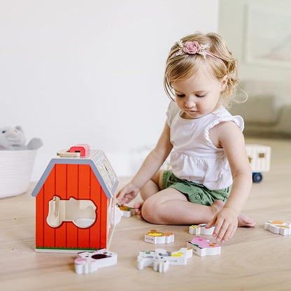 Melissa & Doug Wooden Take-Along Barn Toy with Flip-Up Roof and Handle, 10 Farm Play Pieces, Shape Sorting And Stacking Learning Toys For Toddlers And Kids Ages 2+