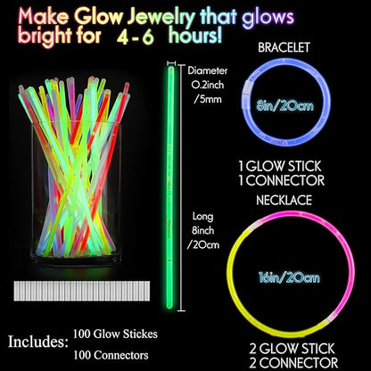 100Pcs Glow Sticks,Glow In The Dark Sticks,8" Glowsticks Light Up Sticks Party Favors for Kids Adults, Glow Sticks Bulk with Connectors for Necklaces Bracelets Party Supplies