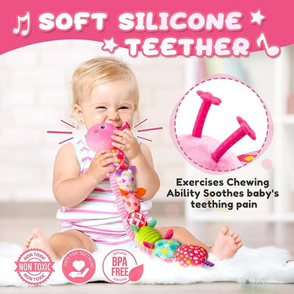 Baby Toys 0-6-12 Months,Infant Musical Stuffed Animals Activity Toys with Muti-Sensory Crinkle,Rattles,Baby Girl Toys Gifts for Newborn Tummy Time,Caterpillar,Pink