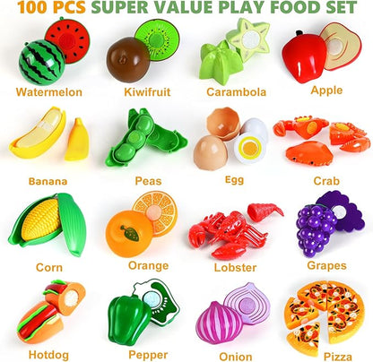 100 Pcs Play Food Set for Kids Kitchen, Pretend Food Toy for Toddlers Age 1-3, Plastics Cutting Fake Food/ Fruit/ Vegetable Accessories with 2 Baskets, Birthday Gifts for 2 3 4 5 Years Old Boys Girls