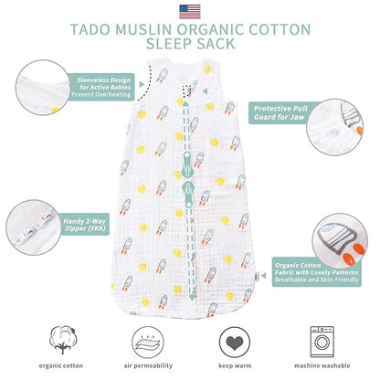 Toddler Sleep Sack for 2-4T Baby, Organic Cotton Wearable Blanket for Boys and Girls 0.5 TOG 2-Way Zipper Sleeping Sacks Soft 4 Layers X-Large Rocket