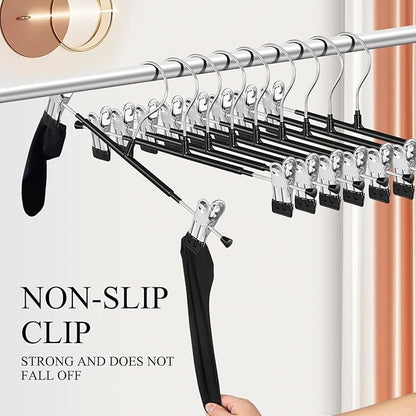 10 Pack 14Inch Heavy Duty Pants Skirt Hangers with Clips,Metal Trousers Hanger for Jeans Black Non Slip Women Shorts Hangers Saving Space Clothing Hanger for Adult,Men,Children,Kid,Baby