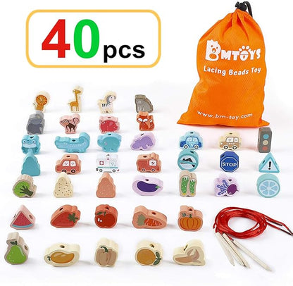 BMTOYS Montessori Educational Threading Toys Wooden Stringing Traffic Wild Animals Fruits Lacing Beads Preschool Toy for Toddler 18 Month 1 2 3 4 5 Year Old Boys Girls