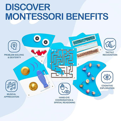 Monläurd® Shark Montessori Busy Sensory Educational Activity Cube, Wall Furniture, Interactive Wooden Learning Toys for Boys and Girls 6M+