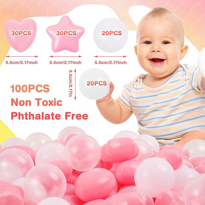 100 Pieces Ball Pit Balls Plastic Colorful Balls for Ball Pit Five Pointed Star Heart Round Ocean Soft Ball 2.17 Inch for Baby Kid Playpen Friendship Party Decoration(Pink White Clear)