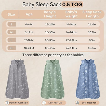 Baby Sleep Sack 12-18 Months 3 Pack 100% Cotton Lightweight 0.5 TOG Wearable Blanket Baby Sleep Bag with 2-Way Zipper for Infant Toddler