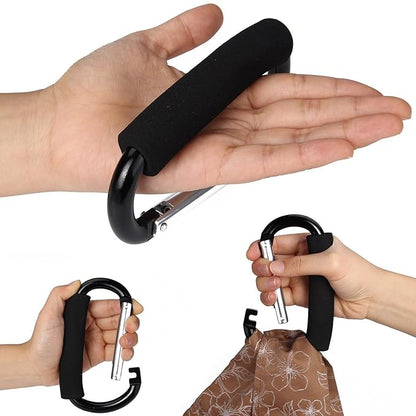 Large Stroller Hooks for Mommy, 2 pcs Carabiner Stroller Hook Organizer for Hanging Purses, Diaper Bag, Shopping Bags. Clip Fits Single/Twin Travel Systems, Car Seats (Black+Rose)