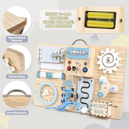 Joyreal Busy Board Montessori Toys with LED Lights, Autism Sensory Travel Toys, Fidget Board Ideal Gift for Boys Girls Wooden Toddler Toys