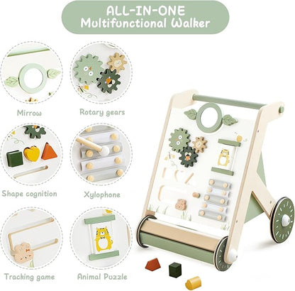 Beright Wooden Baby Walker with Roller Upgraded, Push and Pull Learning Activity Walker, Multi-Functional Kids’ Activity Toys, Develops Motor Skills & Stimulates Creativity, Green