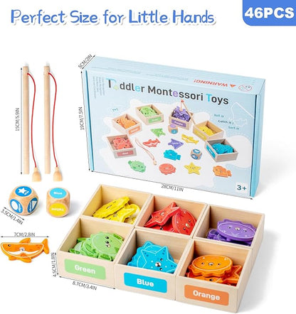 Montessori Toys for Toddlers 1-3,Wooden Magnetic Fishing Game Educational Shape & Color Sorting for Kid 3-5,Boy Girl Preschool Learning Motor Skill Matching Activities Toys for Ages 2-4(Box)