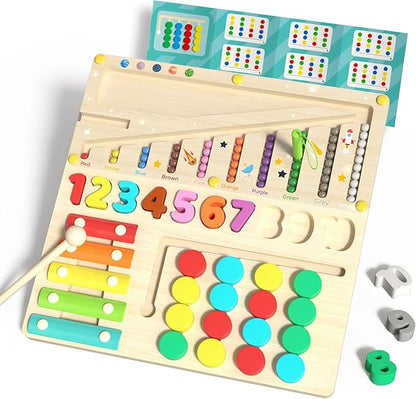 Magnetic Color and Number Maze, Xylophone, Sliding Puzzle & Number Match 4-in-1 Wooden Toy for Kids Montessori Fine Motor Skills Educational Toy for Preschool Learning and Home Play