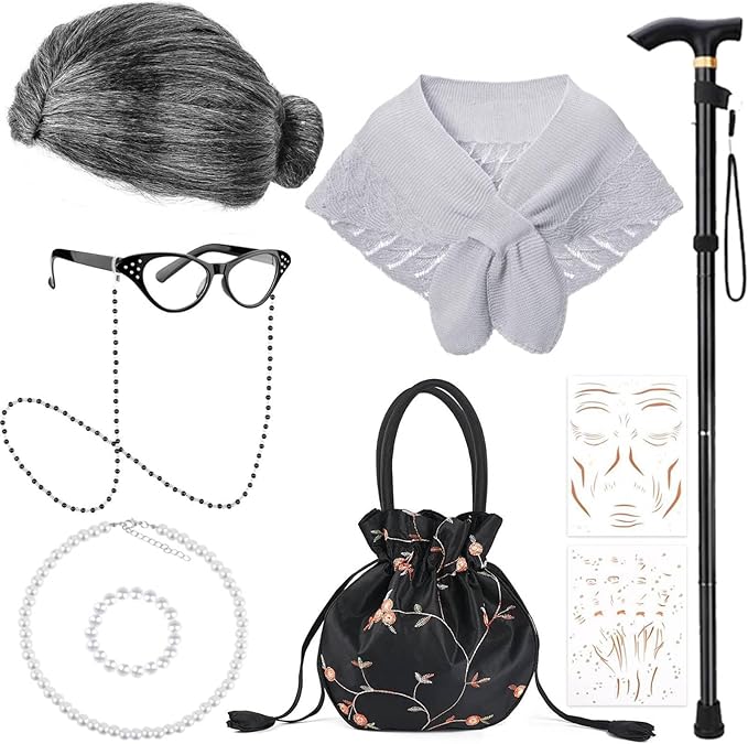 100 Days of School Old Lady Costume Include Wig,Glasses,Necklace,Bracelet,Glasses Chain,Bag,Cane,Shawl and Stickers ﻿