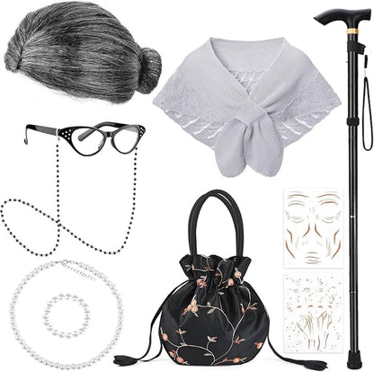 100 Days of School Old Lady Costume Include Wig,Glasses,Necklace,Bracelet,Glasses Chain,Bag,Cane,Shawl and Stickers ﻿