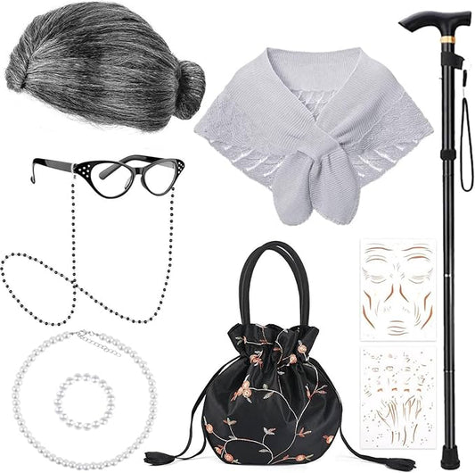100 Days of School Old Lady Costume Include Wig,Glasses,Necklace,Bracelet,Glasses Chain,Bag,Cane,Shawl and Stickers ﻿
