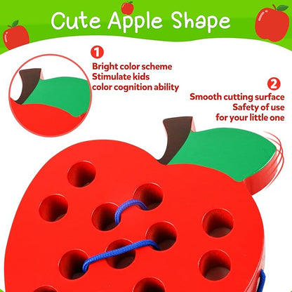 Lacing Toys for Toddlers - Wooden Lacing Apple Threading Toy, Shape Puzzle Fun Travel Game for Montessori Early Learning of Fine Motor Skills Lacing Toy, Educational Gift for Boys and Girls Ages 3-5