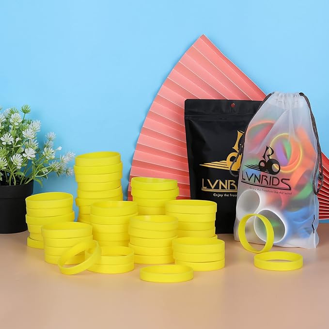 100 PCS Silicone Bracelets Wristbands for kid, Sports Rubber Elastic Wristband Bracelet for Party Decorations Favors Set Pack Yellow