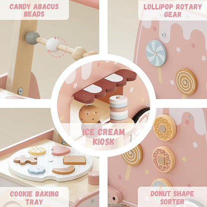 Wooden Baby Walker, Multifunctional Ice Cream Cart Activity Toy for Learning to Push Walk with Wheels, Pretend Playset Ideal for Toddlers, Boys and Girls Ages 18-36M