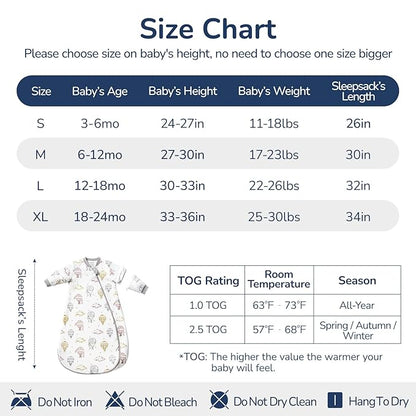Baby Sleep Sack 6-12 Months, Cotton Detachable Long Sleeve Sleep Sack, 1.0 Tog Toddler Sleeping Sack with Temperature Strips, 2-Way Zipper Wearable Blankets for Newborns, Hot Air Balloon