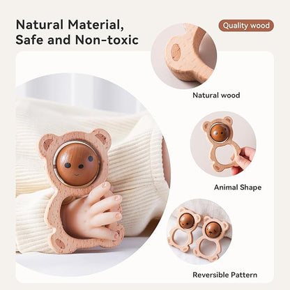 Wooden Baby Rattle Toys, Newborn Rattle Toys 0-12 Months Handmade Baby Clutching Toys | Natural Wooden Baby Teething Toys | Baby Shower/Birthday Gifts (Cute Bear Rattle)