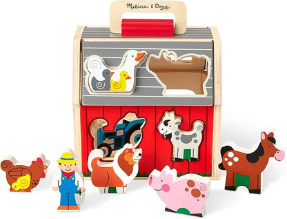 Melissa & Doug Wooden Take-Along Barn Toy with Flip-Up Roof and Handle, 10 Farm Play Pieces, Shape Sorting And Stacking Learning Toys For Toddlers And Kids Ages 2+