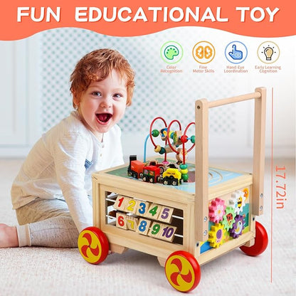 Wooden Activity Cube 7-in-1 Montessori Toys for 1+ Year Old Boys Girls Educational Learning Toys for Toddlers Age 1-2 One Year Old First Birthday Gift Bead Maze Magnetic Trains Track Shape Sorter