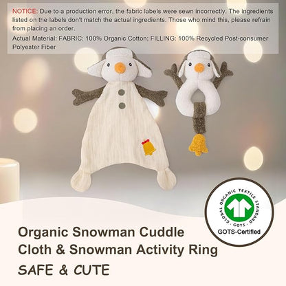Organic Cotton Stuffed Animal Rattle Baby Toys, Plush Snowman Cuddle Cloth and Hand Grip Ring Rattles Plush Toy Set for Newborns Infant Boys Girls, 2 PCS