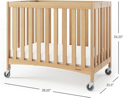 Foundations Compact Travel Sleeper Folding Hotel Crib and Sheet Bundle - Includes Wooden Mini Crib with 2" Foam Mattress (Natural) and 6-Pack White Fitted Compact Sheets