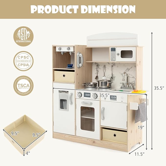 KOTEK Play Kitchen with Lights and Sounds, Wooden Toddler Kitchen Playset w/Ice Maker, Coffee Maker, 19 Accessories & Microwave, Chef Pretend Play Toy Kitchen Set for Kids Girls & Boys Ages 3+(White)