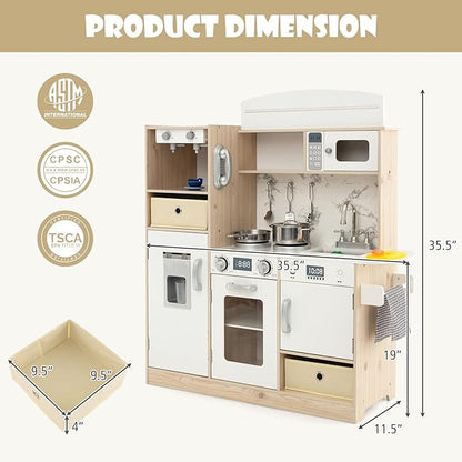 KOTEK Play Kitchen with Lights and Sounds, Wooden Toddler Kitchen Playset w/Ice Maker, Coffee Maker, 19 Accessories & Microwave, Chef Pretend Play Toy Kitchen Set for Kids Girls & Boys Ages 3+(White)