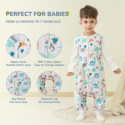 Baby Toddler Sleep Sack with Feet 2.5 TOG Winter, Wearable Blanket with Legs, Toddler Sleeping Sack Long Sleeve (Dinosaur, 3T-5T)