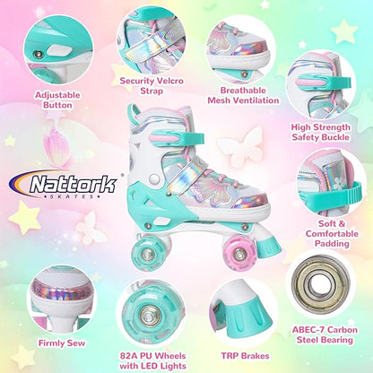 Nattork Kids Roller Skates for Girls Boys Kids, 4 Sizes Adjustable Quad Skates Butterfly and Flower with All Light up Wheels - Birthday Gift for Indoor Outdoor Sports