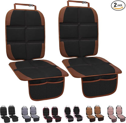 Car Seat Protector for Child, 2 Pack With Mesh Pockets & Non-Slip Backing 600D Durable Under Baby Seat Cover for Back Seat (Dark Brown, Standard)