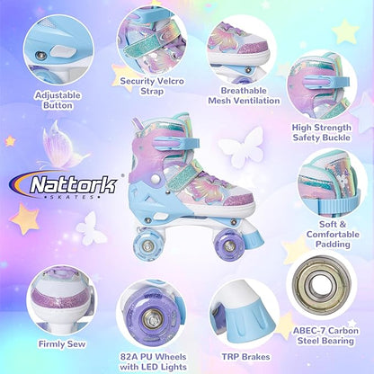 Nattork Kids Roller Skates for Girls Boys Kids, 4 Sizes Adjustable Quad Skates Butterfly and Flower with All Light up Wheels - Birthday Gift for Indoor Outdoor Sports