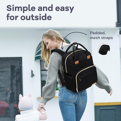 RUVALINO Diaper Bag Backpack-Multifunction Baby Travel Bag, Insulated Bottle Holders & Large Capacity, Waterproof, Deep Black