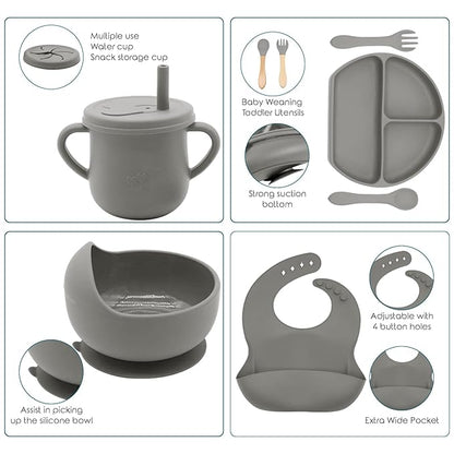 100% Silicone baby feeding set,BPA free Baby dishes set with Suction Bowl Divided Plate,Toddler Self Feeding Dish Set with Spoons Forks Sippy Cup And Bib, Baby Eating Utensils (Light Brown)