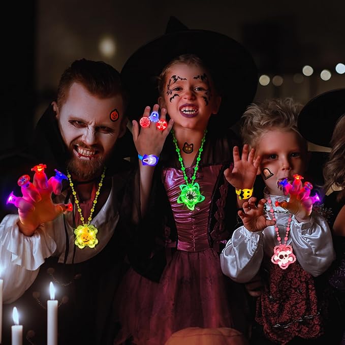 100 PCS Halloween Party Favors for Kids, Halloween Glow in the Dark Toys Rotating Spin Light Up Necklaces, LED Rings Bracelets Balls Decorations, Halloween Trick or Treats Classroom Goodie Bag Fillers