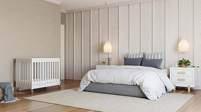 Foundations Boutique Folding Mini Baby Crib - Compact, Portable, Wooden Hotel Crib, Foldable Compact Cribs for Baby & Toddlers - Includes 3" Foam Mattress - White